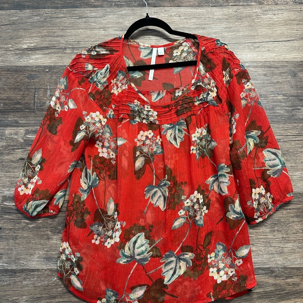 LC Lauren Conrad Red 3/4 Sleeve Blouse with Ruffled Style and Bib Collar